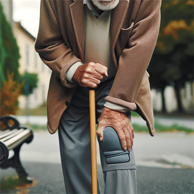 DALL·E 2023-12-20 15.24.01 - An elderly man with knee arthritis, standing and leaning on a walking stick for support. He is dressed in comfortable, casual clothes, with a focus on