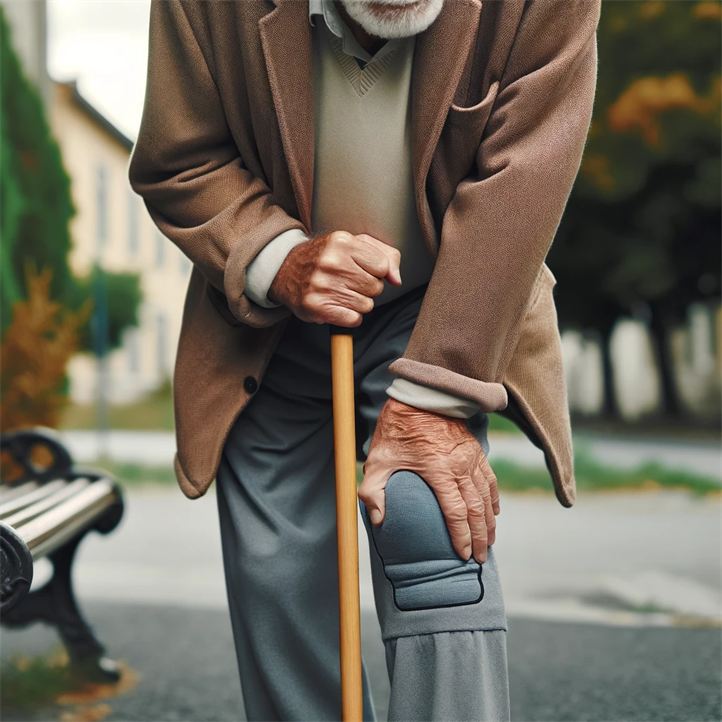 DALL·E 2023-12-20 15.24.01 - An elderly man with knee arthritis, standing and leaning on a walking stick for support. He is dressed in comfortable, casual clothes, with a focus on